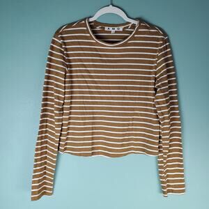AMO Womens Long Sleeve Babe Tee Sepia Natural Striped Cropped Top Size Large